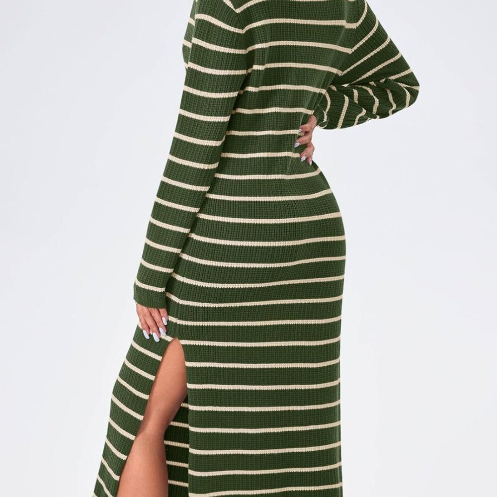 Women's Knitted Sweater Dress Fall Casual V Neck Collared Long Sleeve Midi - Picture 5 of 5